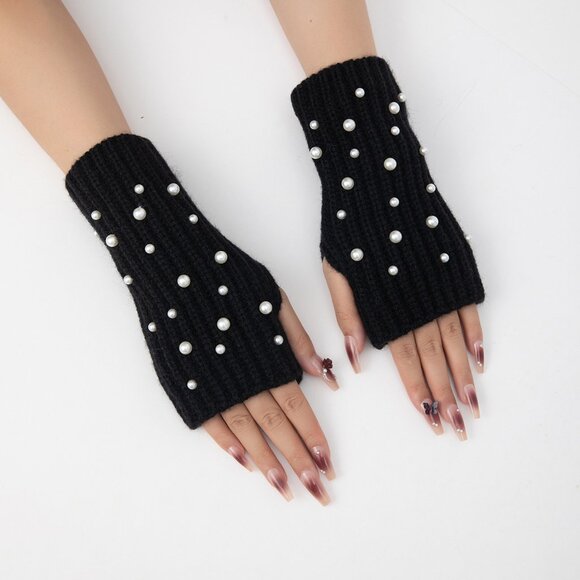 2/$30 Women's Black Knitted Fingerless Gloves with Pearl Accents Winter Fall - Picture 1 of 5